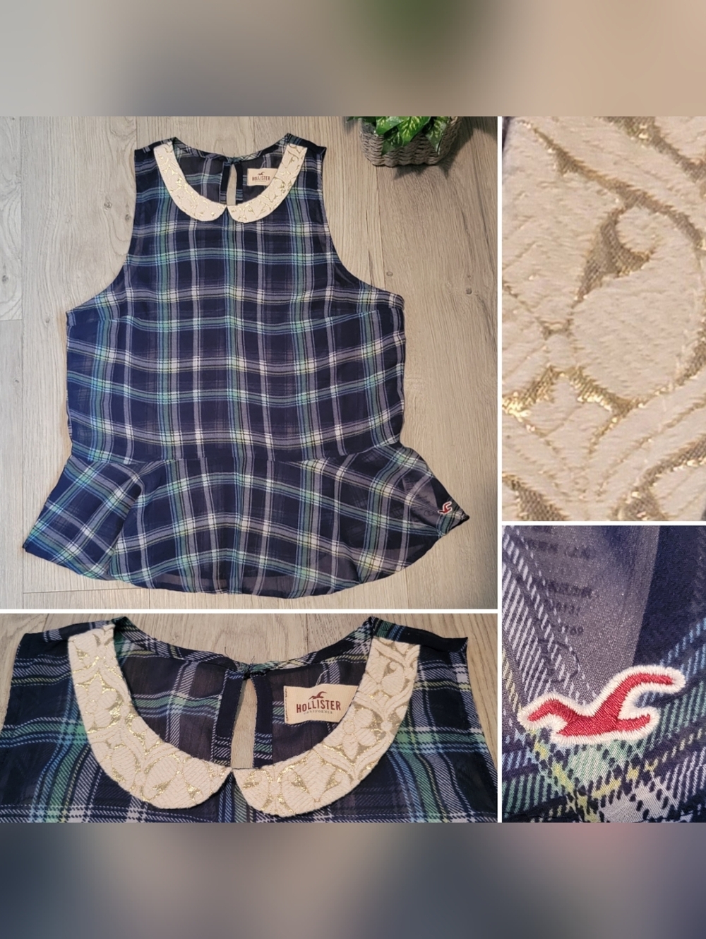 Hollister Sheer Blue Plaid Peplum Sleeveless Top w/ Brocade Peter Pan Collar, XS